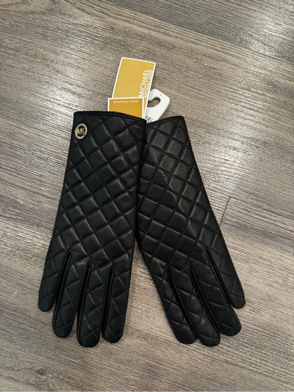 Michael Michael Kors Quilted Black Leather Tech Gloves Gold Logo Size Large